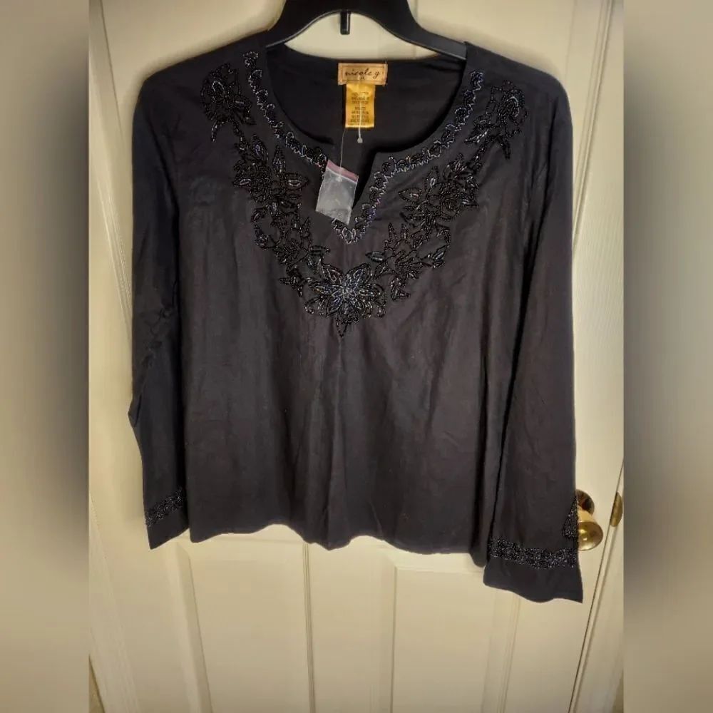 New Nicole G XL Black 100% Cotton Beaded Embroidered V-neck Lngslvs Women's Top